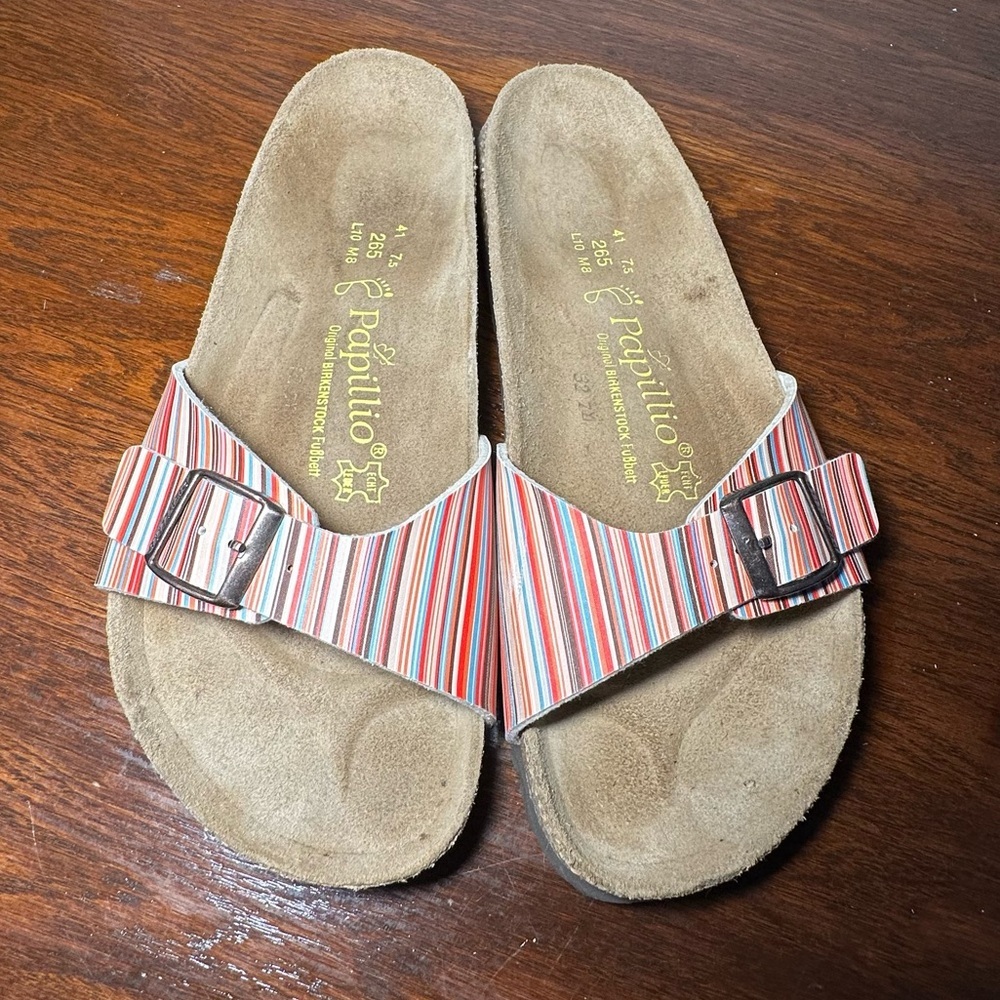 Birkenstock Papillio Red Orange Pink Striped Single-Band Sandals